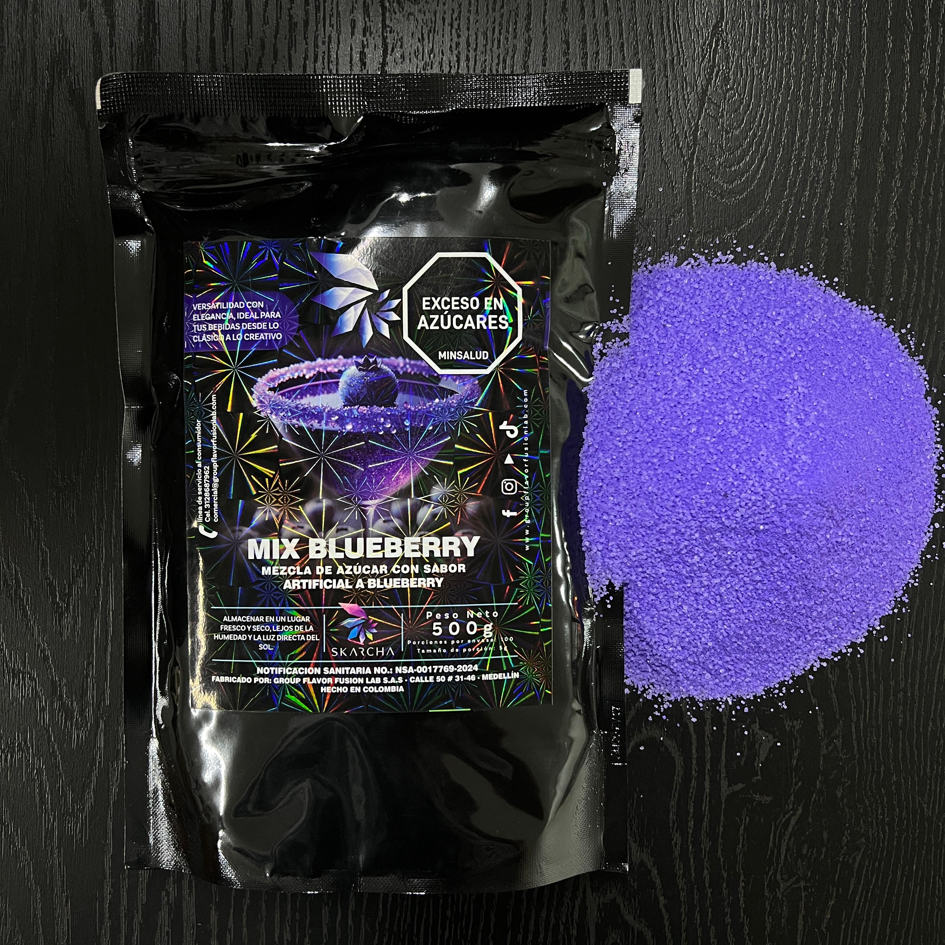 Bolsa Skarcha Blueberry 250g — escarchador para bordes de cocteles, fondo blanco